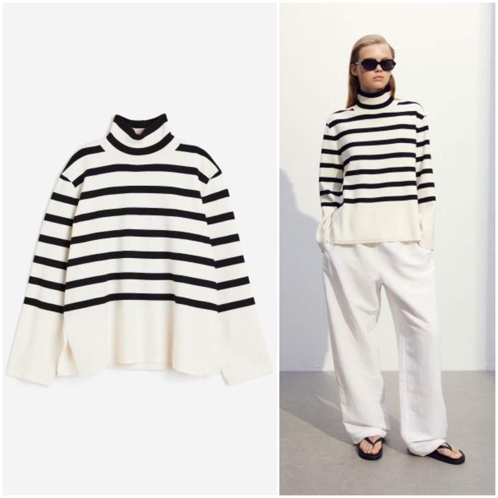 Cream/Striped Mock Turtleneck Sweater - Picture 1 of 9